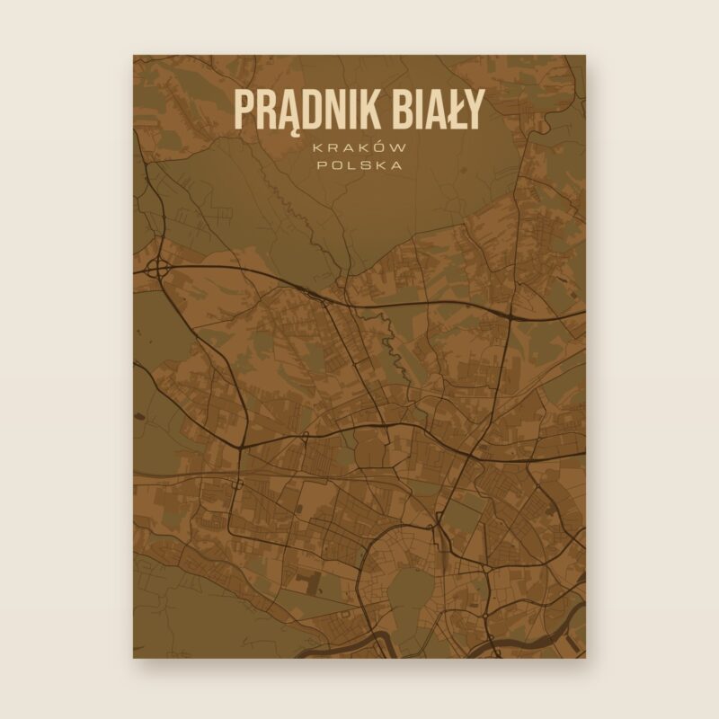 Plakat z mapą - Prądnik Biały (Kraków), brązowy styl, bez ramy