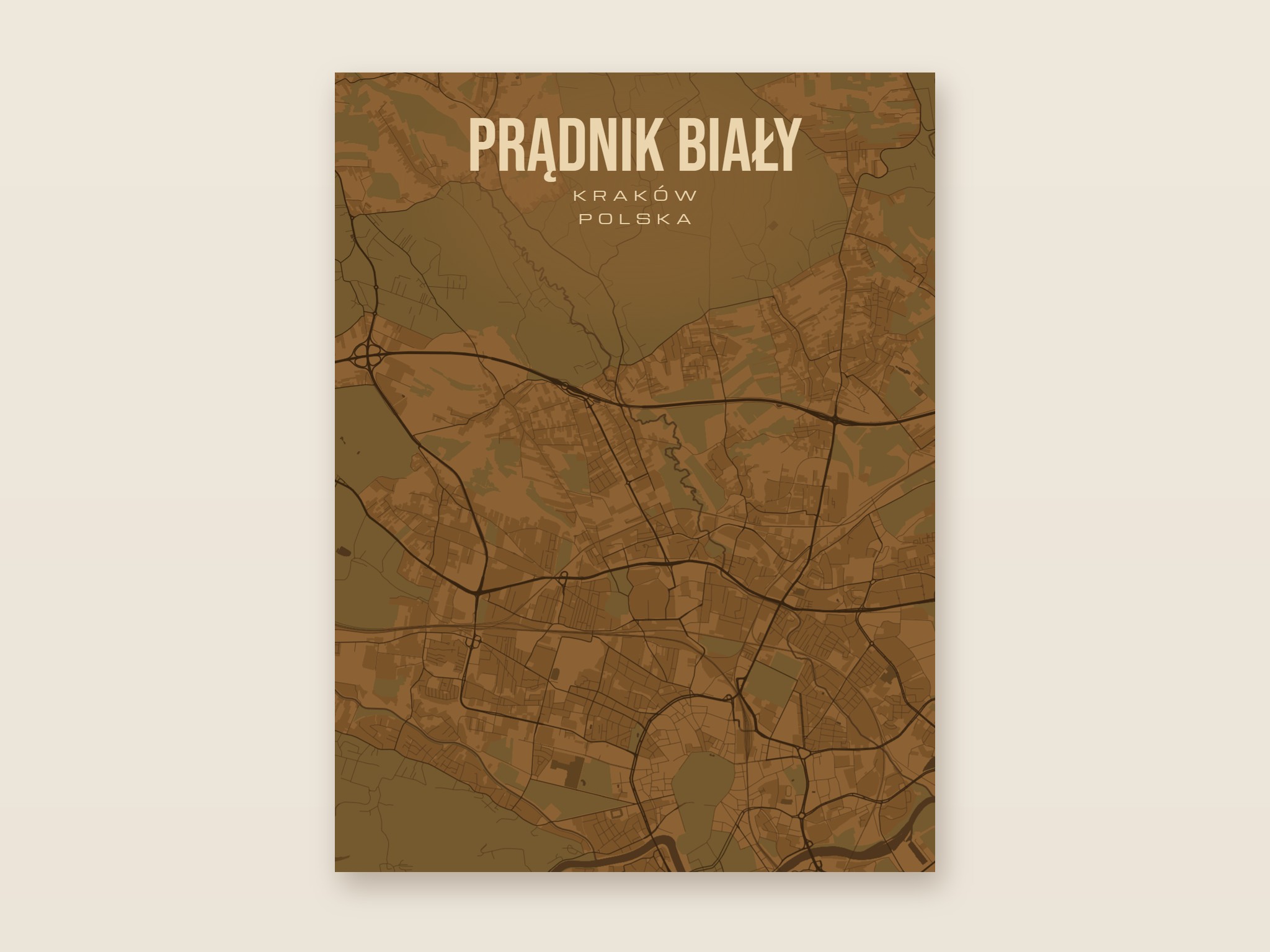 Plakat z mapą - Prądnik Biały (Kraków), brązowy styl, bez ramy