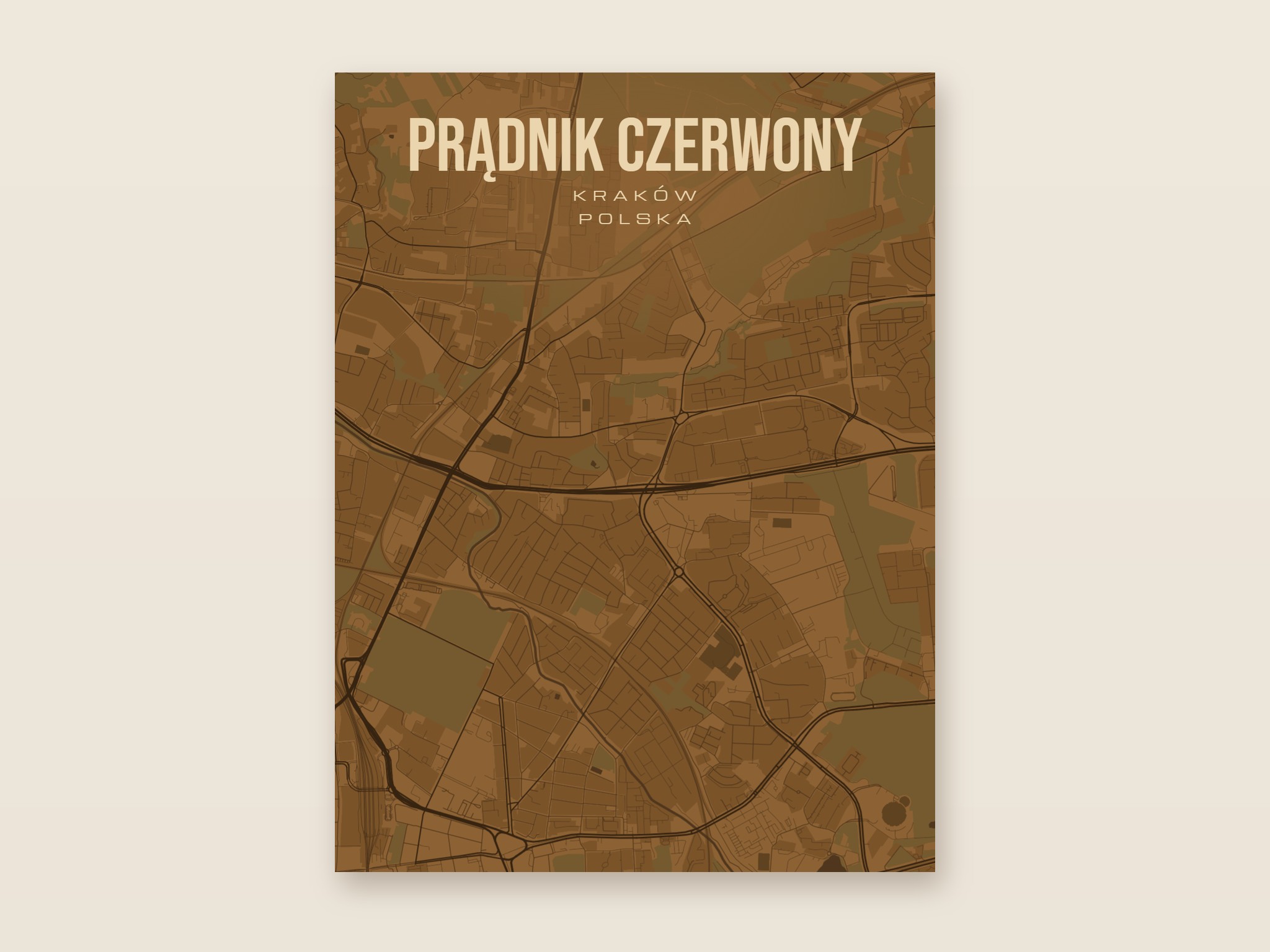 Plakat z mapą - Prądnik Czerwony (Kraków), brązowy styl, bez ramy