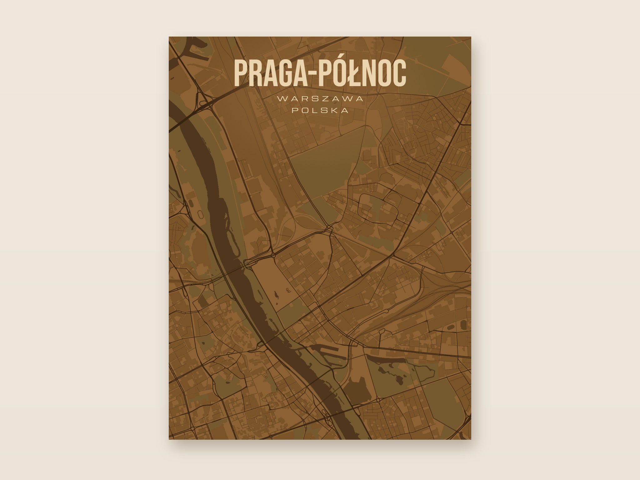 Plakat z mapą - Praga-Północ (Warszawa), brązowy styl, bez ramy