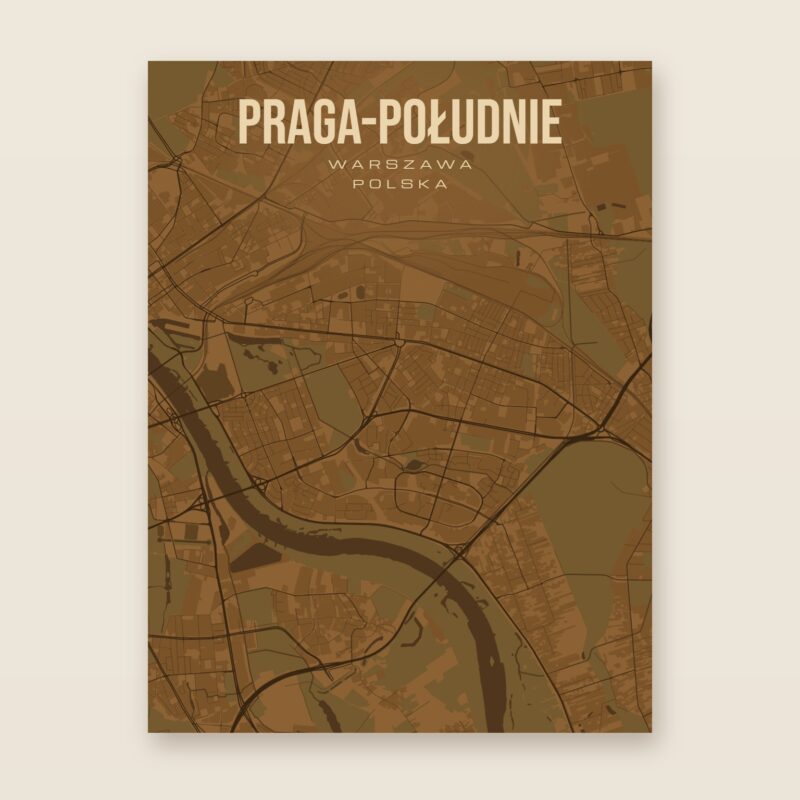 Plakat z mapą - Praga-Południe (Warszawa), brązowy styl, bez ramy