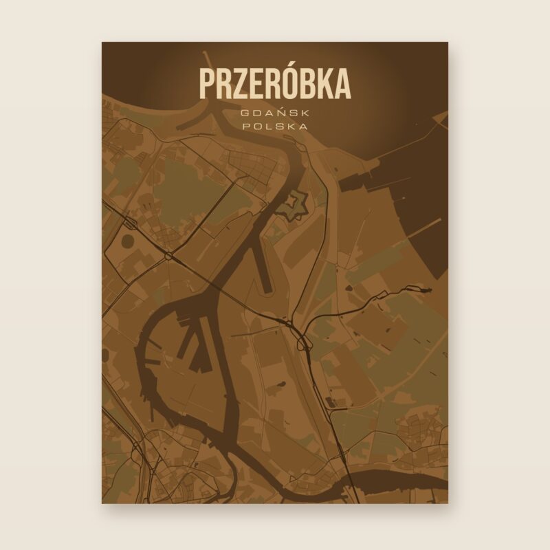 Plakat z mapą - Przeróbka (Gdańsk), brązowy styl, bez ramy