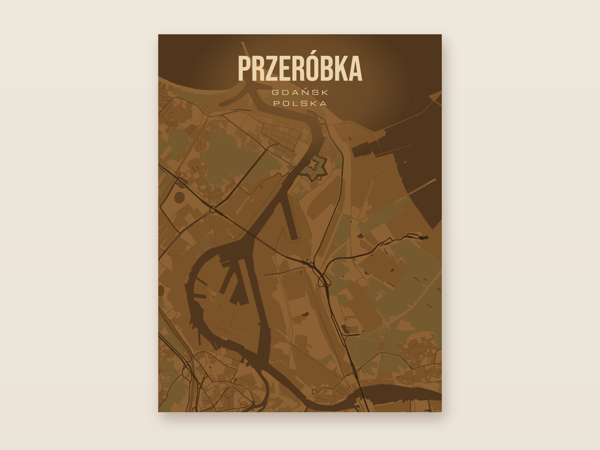 Plakat z mapą - Przeróbka (Gdańsk), brązowy styl, bez ramy