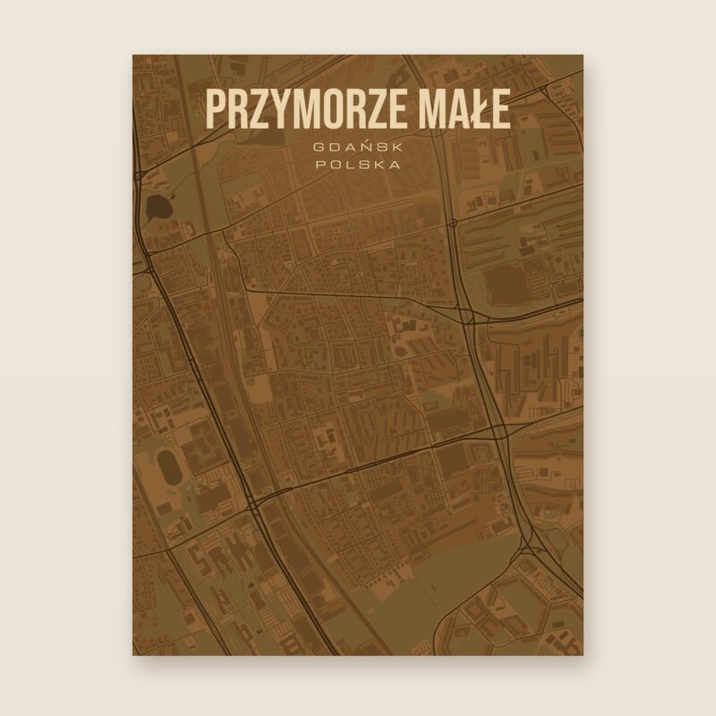 Plakat z mapą - Przymorze Małe (Gdańsk), brązowy styl, bez ramy