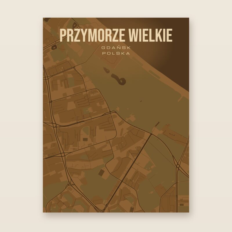 Plakat z mapą - Przymorze Wielkie (Gdańsk), brązowy styl, bez ramy