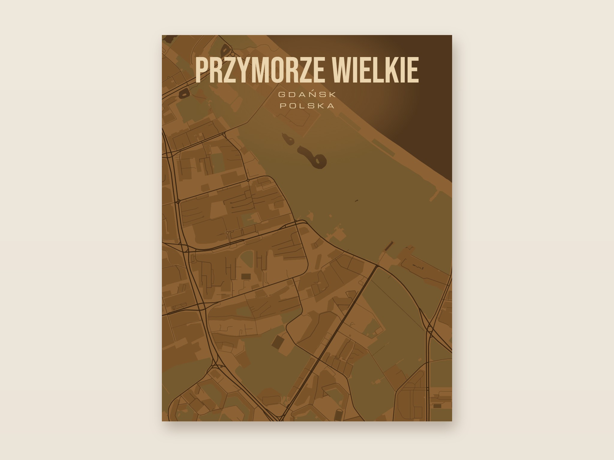 Plakat z mapą - Przymorze Wielkie (Gdańsk), brązowy styl, bez ramy