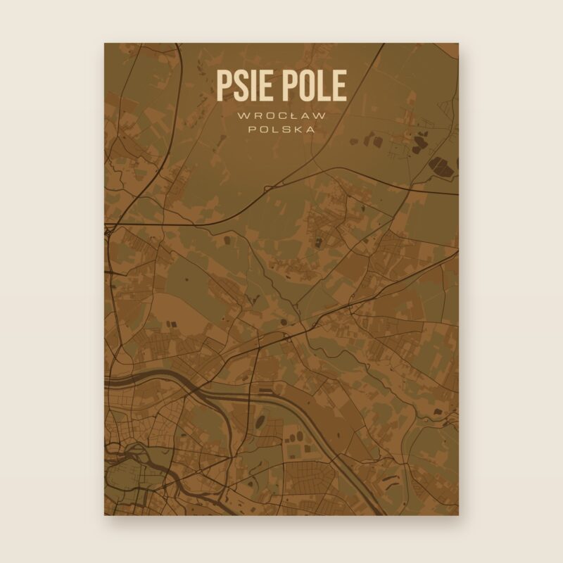 Plakat z mapą - Psie Pole (Wrocław), brązowy styl, bez ramy