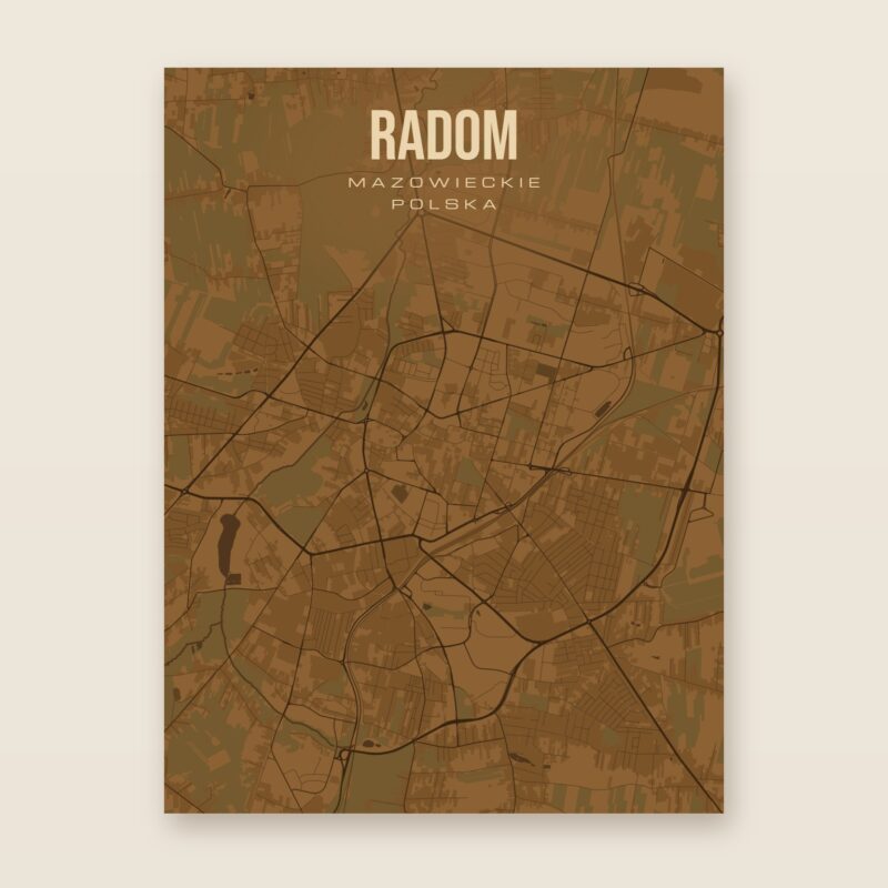 Plakat z mapą - Radom, brązowy styl, bez ramy