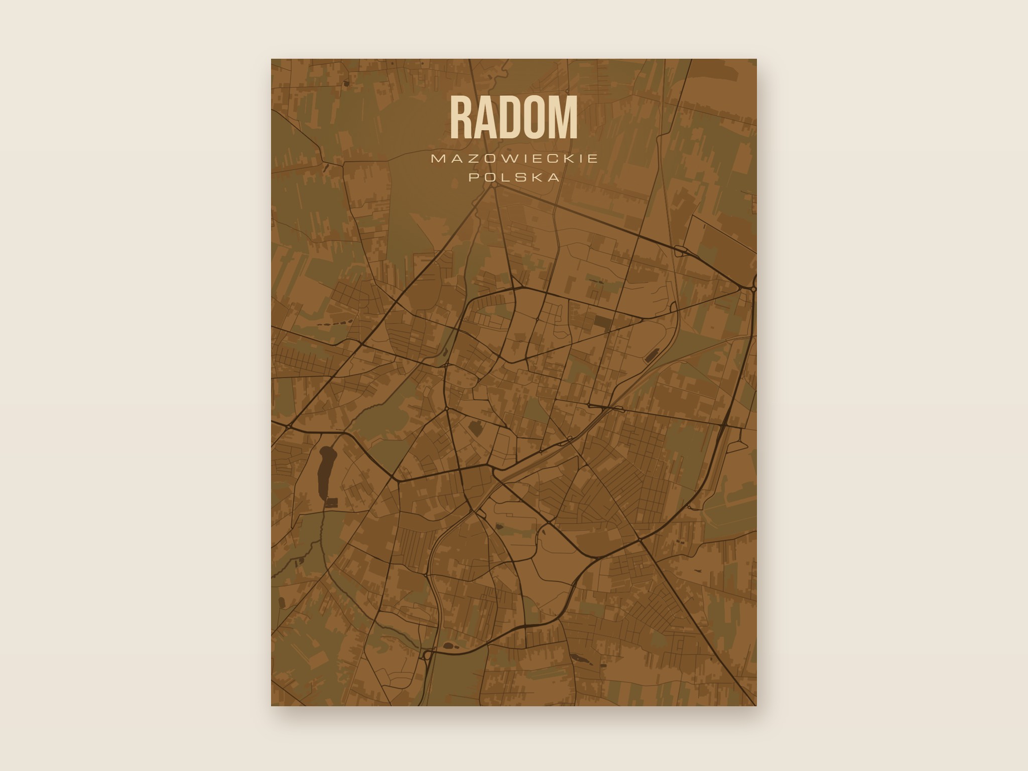 Plakat z mapą - Radom, brązowy styl, bez ramy