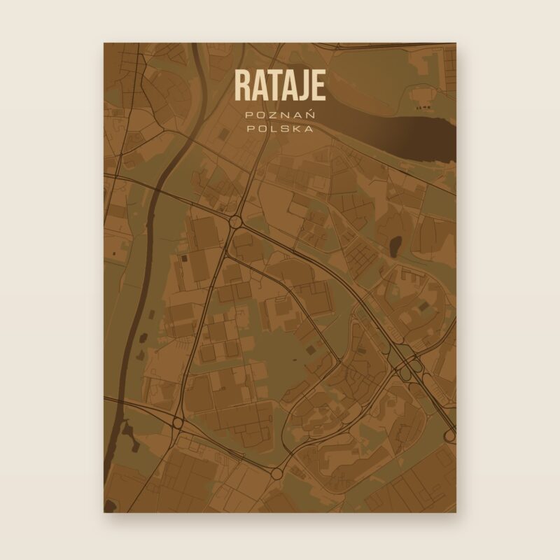 Plakat z mapą - Rataje (Poznań), brązowy styl, bez ramy
