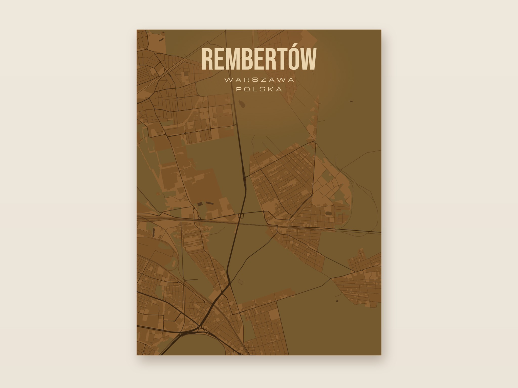 Plakat z mapą - Rembertów (Warszawa), brązowy styl, bez ramy