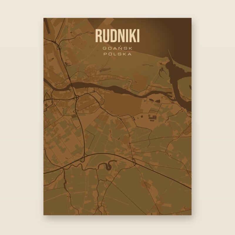 Plakat z mapą - Rudniki (Gdańsk), brązowy styl, bez ramy