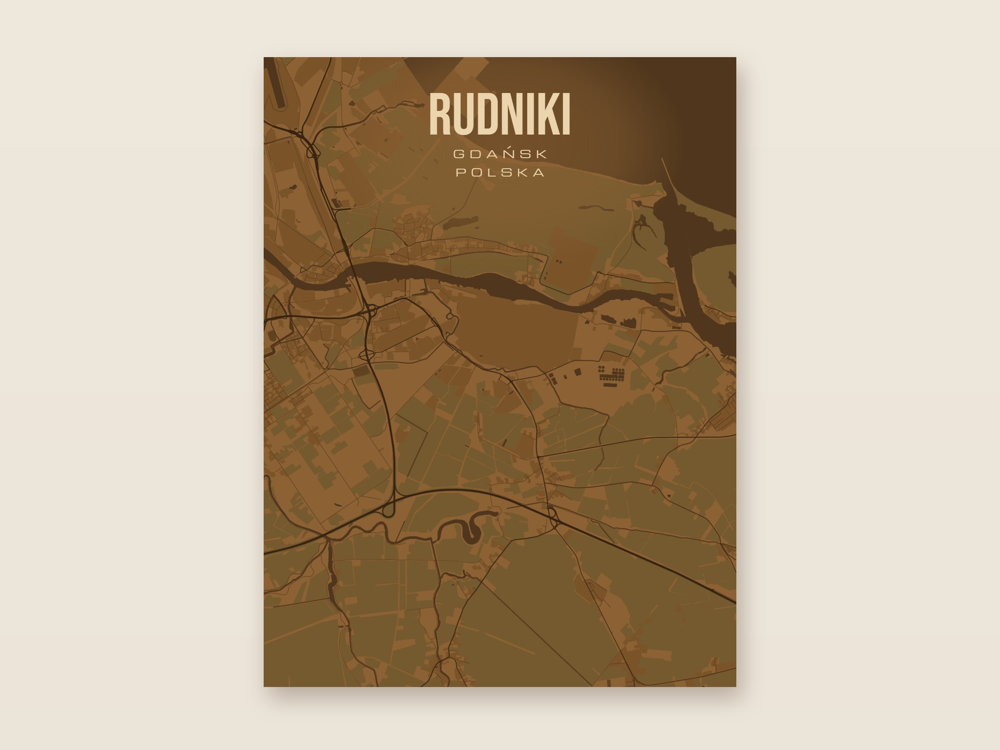 Plakat z mapą - Rudniki (Gdańsk), brązowy styl, bez ramy