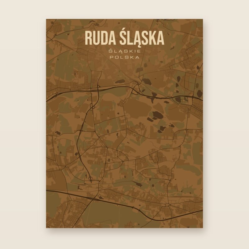 Plakat z mapą - Ruda Śląska, brązowy styl, bez ramy