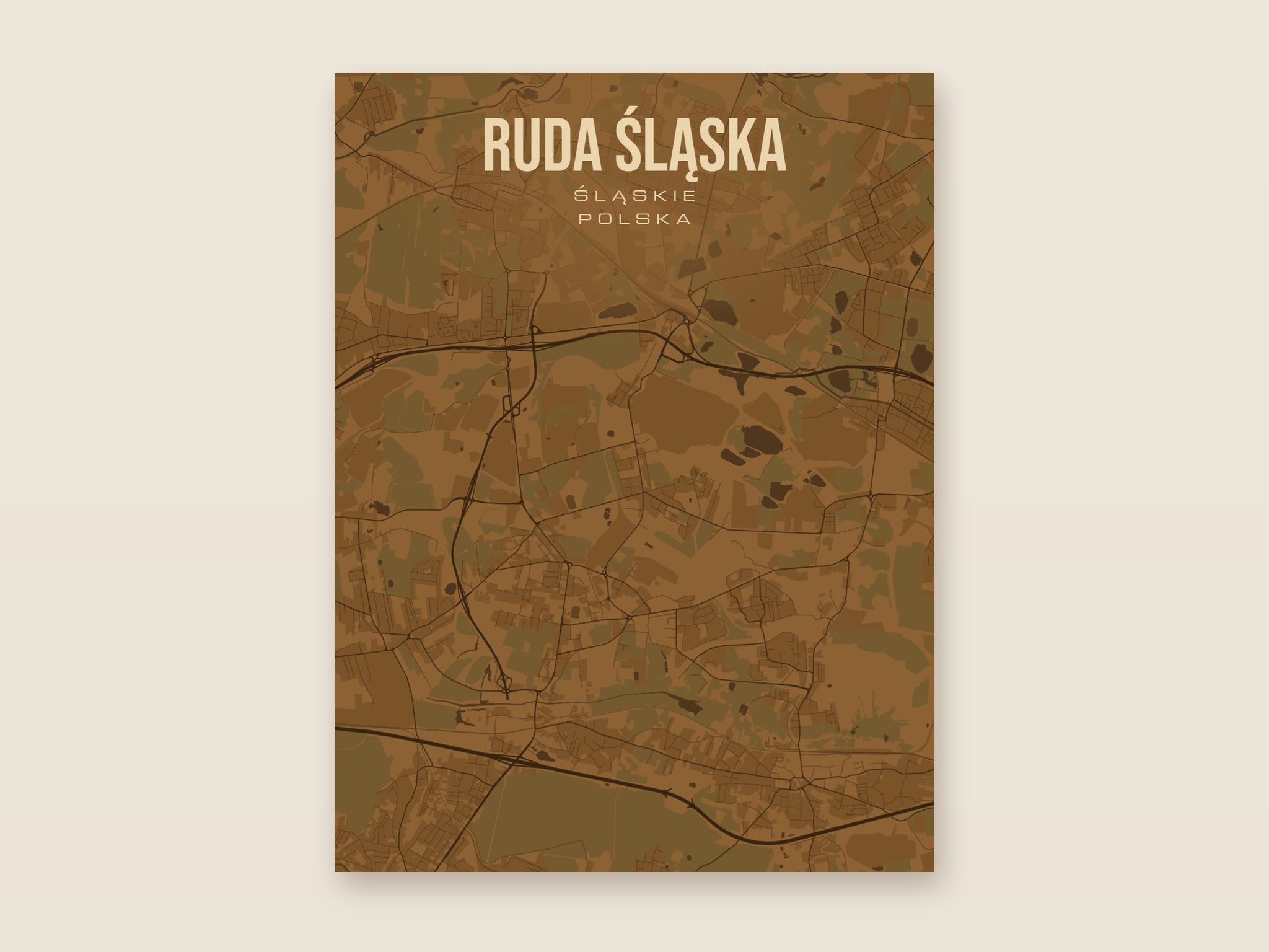 Plakat z mapą - Ruda Śląska, brązowy styl, bez ramy