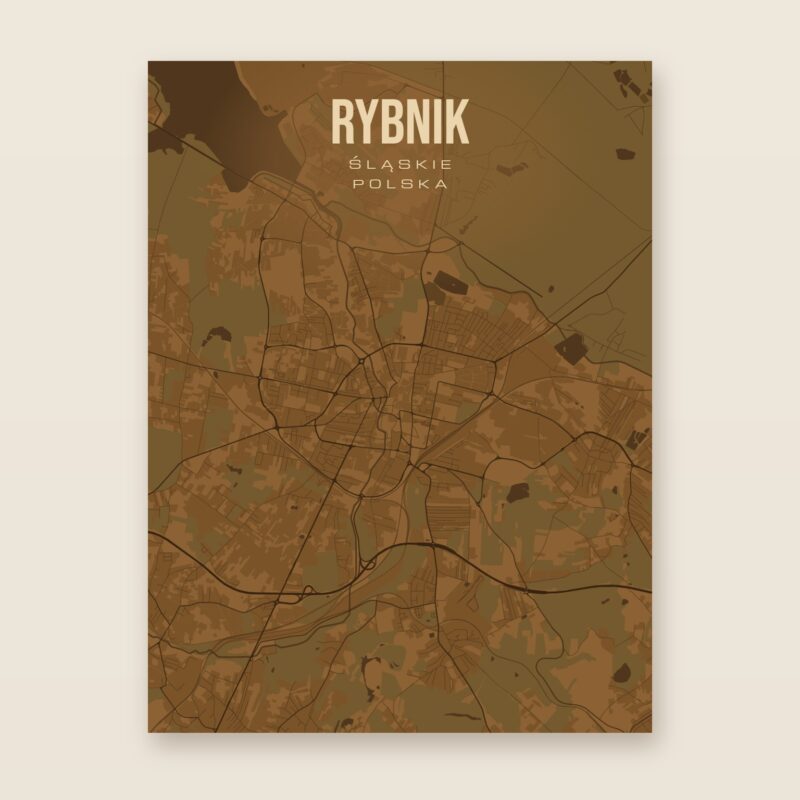 Plakat z mapą - Rybnik, brązowy styl, bez ramy