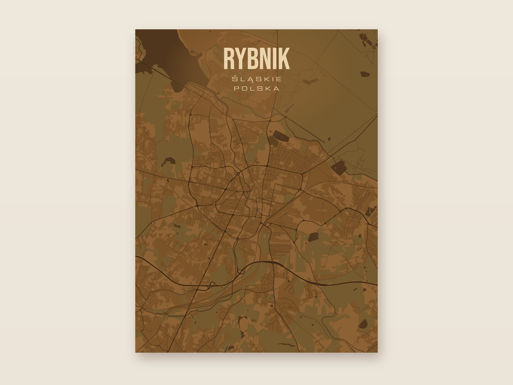 Plakat z mapą - Rybnik, brązowy styl, bez ramy