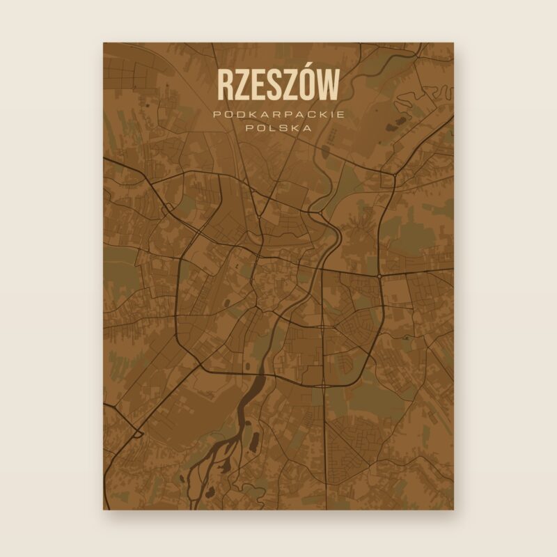 Plakat z mapą - Rzeszów, brązowy styl, bez ramy