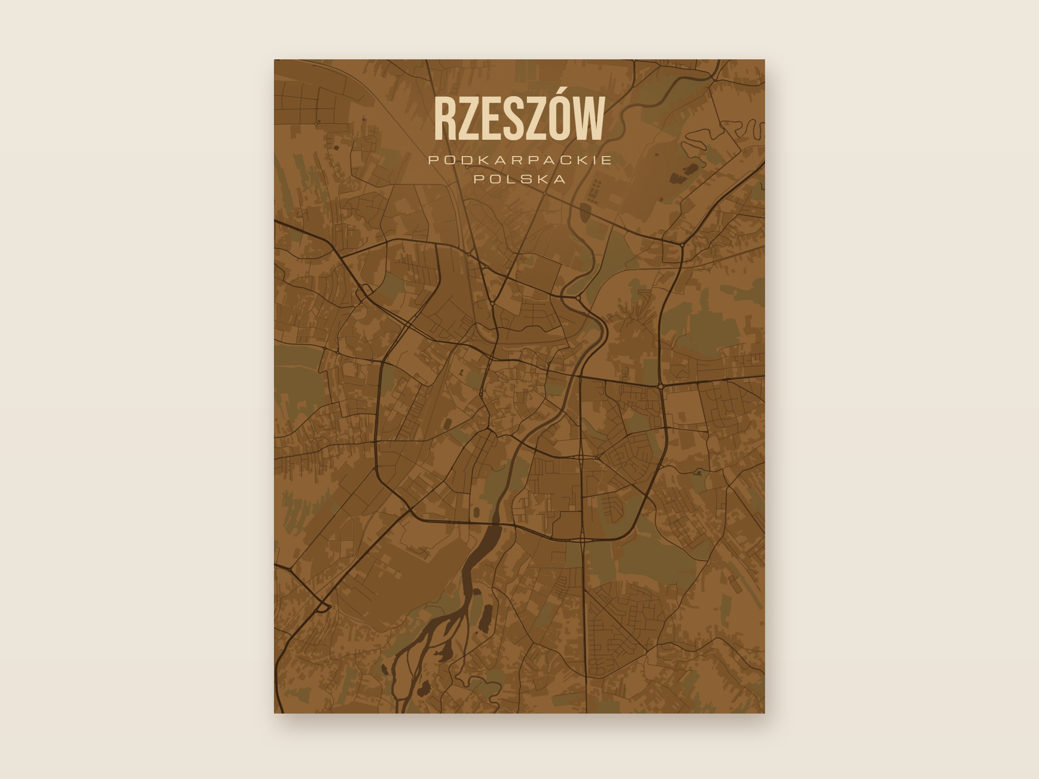 Plakat z mapą - Rzeszów, brązowy styl, bez ramy