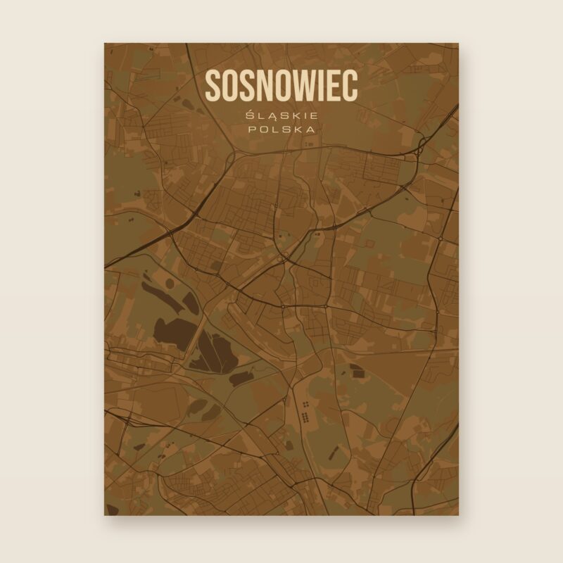 Plakat z mapą - Sosnowiec, brązowy styl, bez ramy