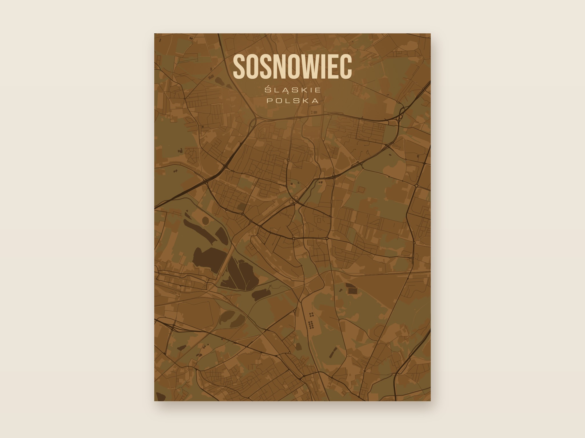 Plakat z mapą - Sosnowiec, brązowy styl, bez ramy