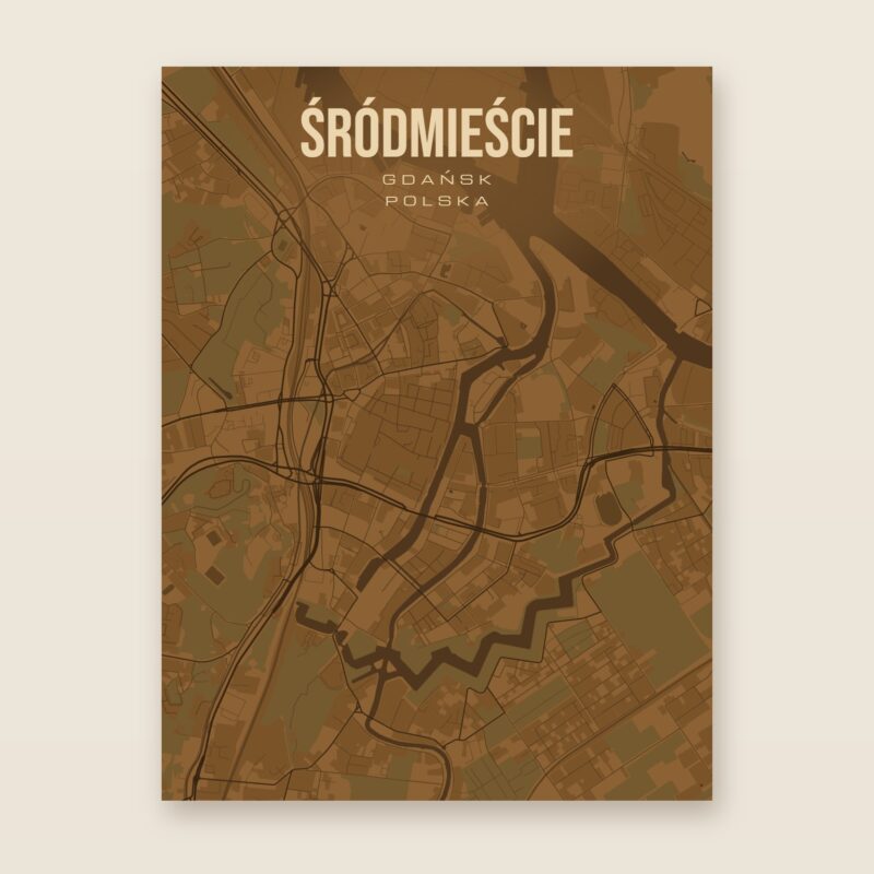 Plakat z mapą - Śródmieście (Gdańsk), brązowy styl, bez ramy