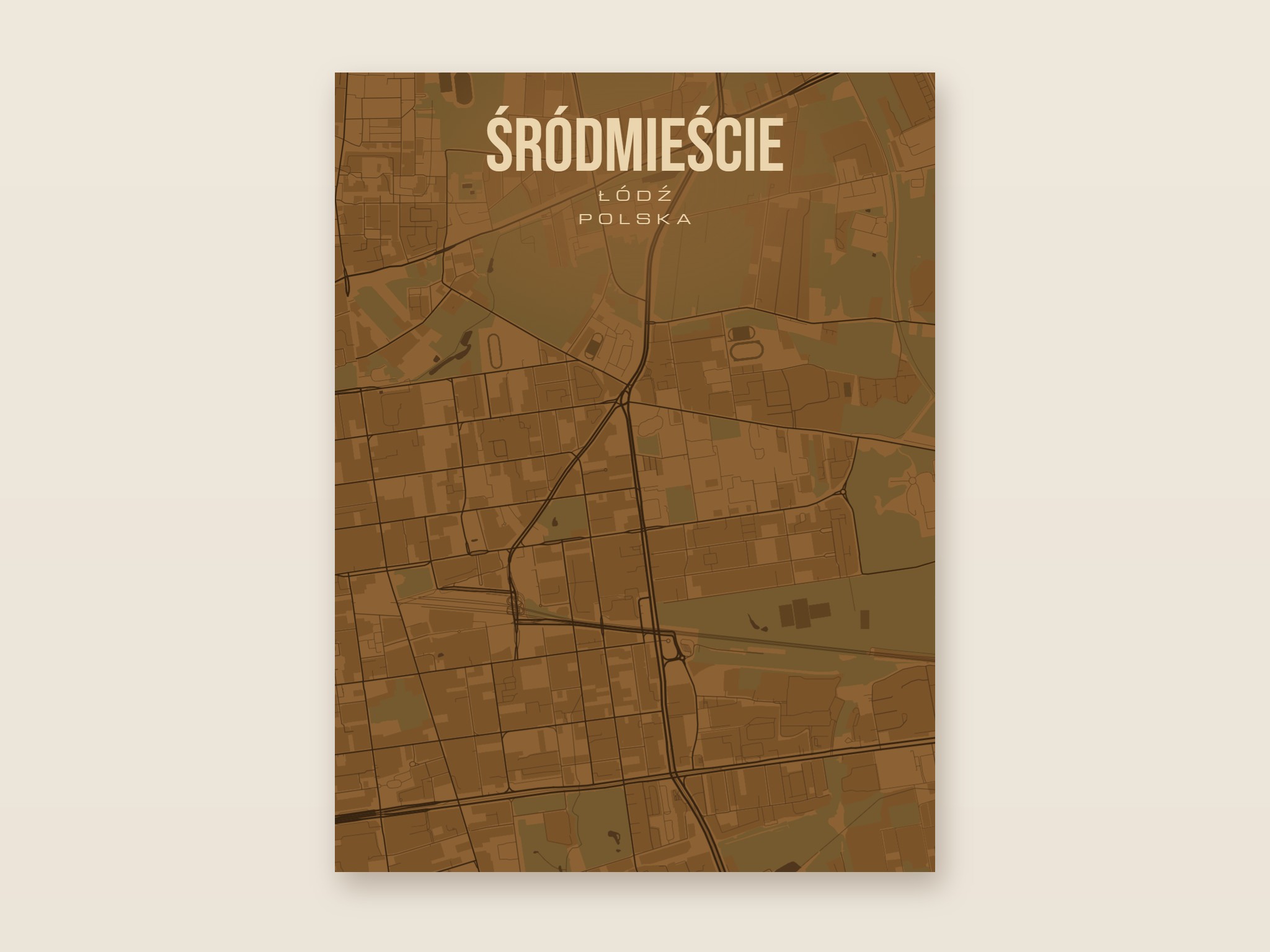 Plakat z mapą - Śródmieście (Łódź), brązowy styl, bez ramy
