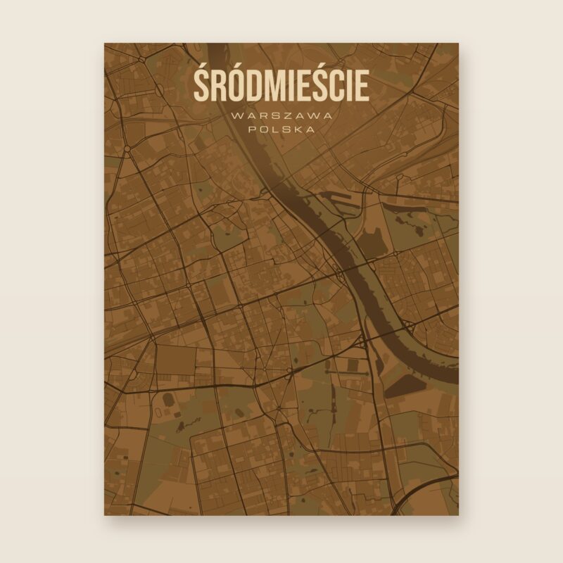 Plakat z mapą - Śródmieście (Warszawa), brązowy styl, bez ramy