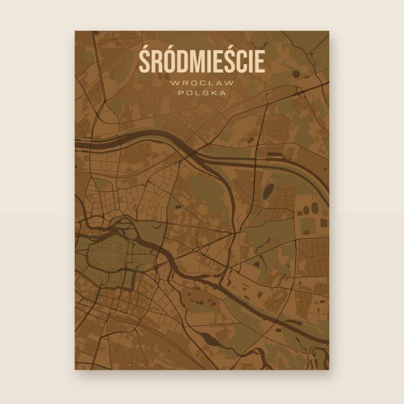 Plakat z mapą - Śródmieście (Wrocław), brązowy styl, bez ramy