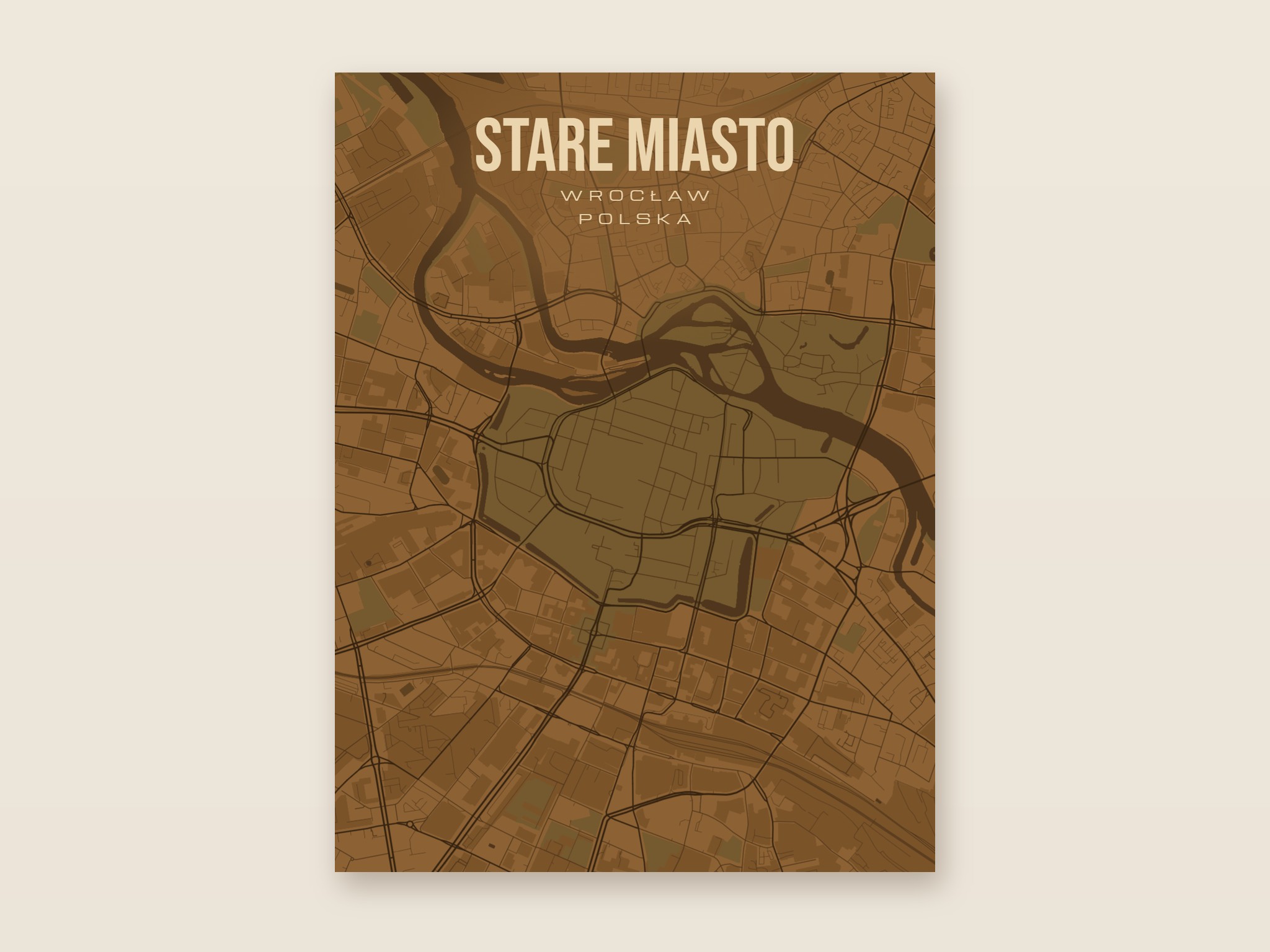 Plakat z mapą - Stare Miasto (Wrocław), brązowy styl, bez ramy
