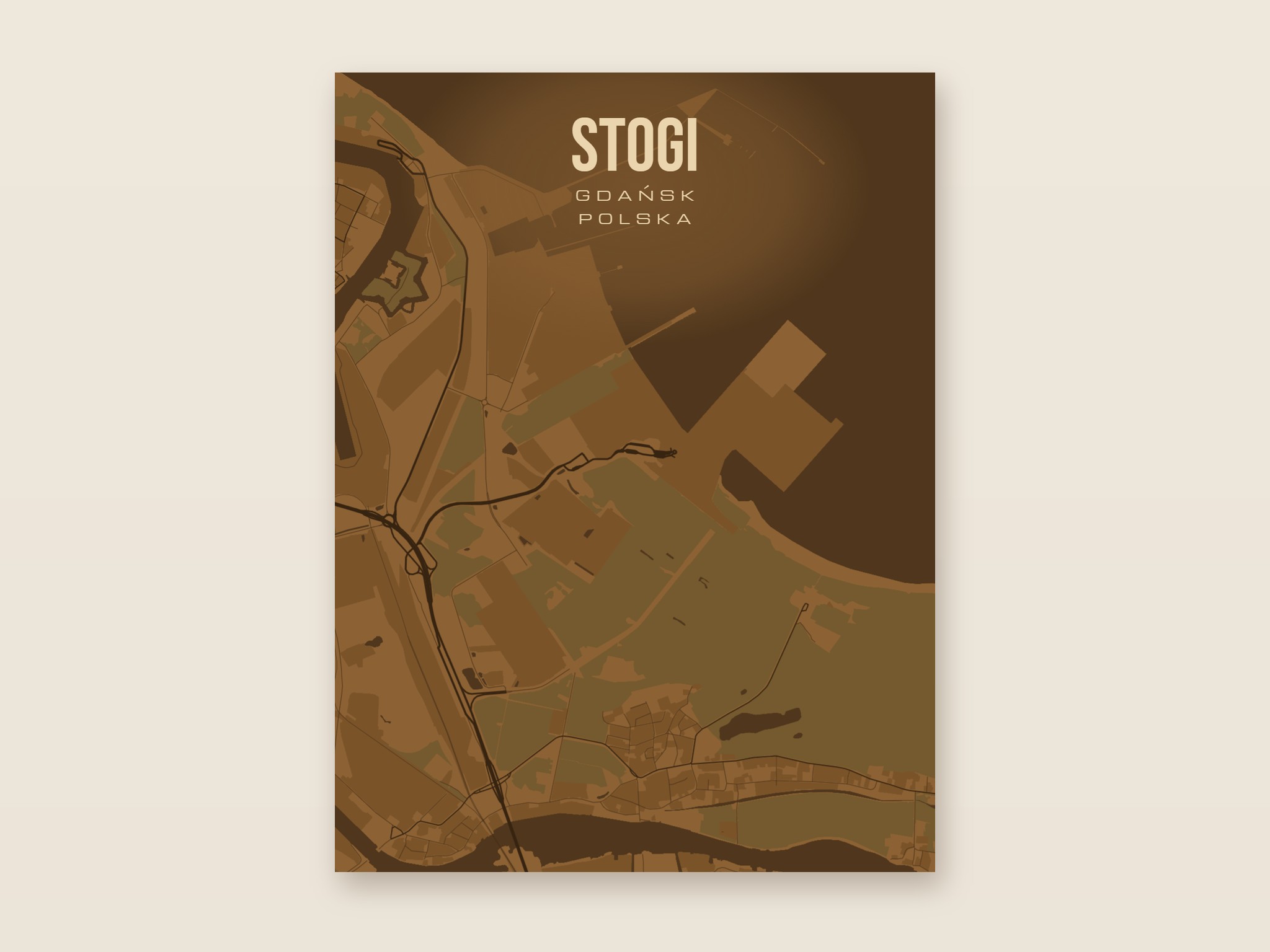 Plakat z mapą - Stogi (Gdańsk), brązowy styl, bez ramy