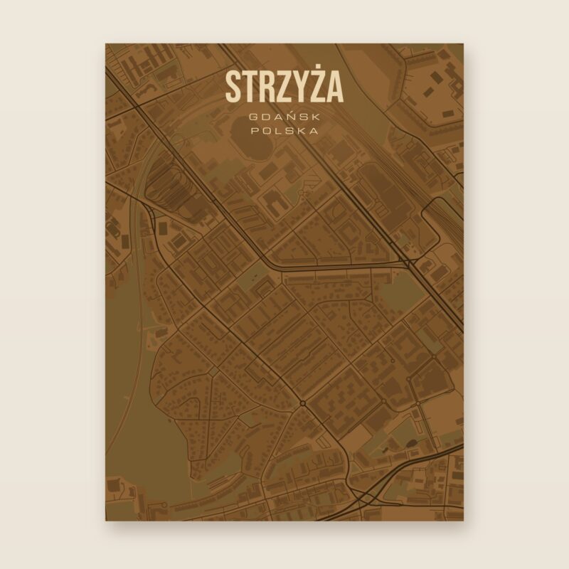 Plakat z mapą - Strzyża (Gdańsk), brązowy styl, bez ramy