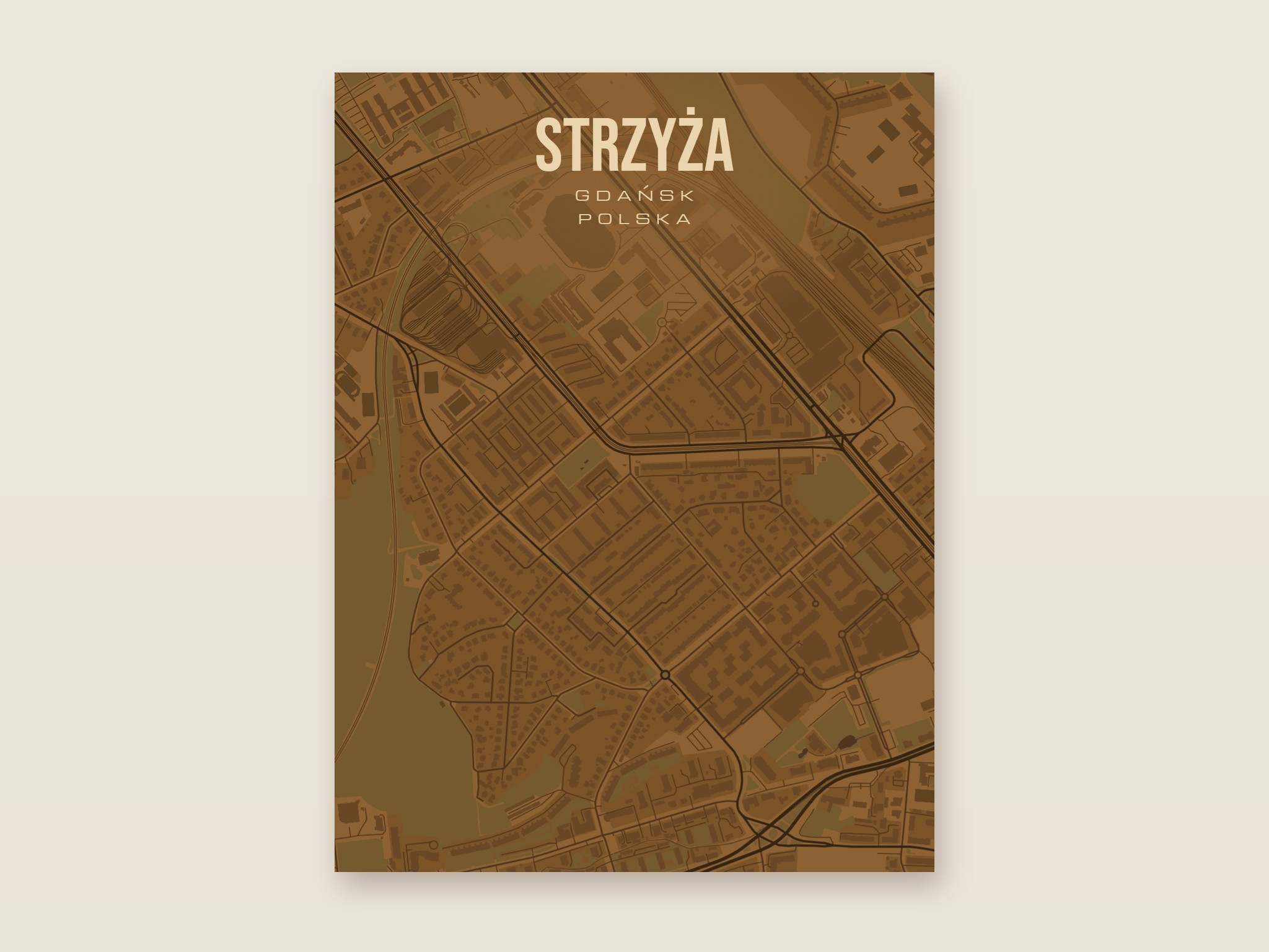 Plakat z mapą - Strzyża (Gdańsk), brązowy styl, bez ramy