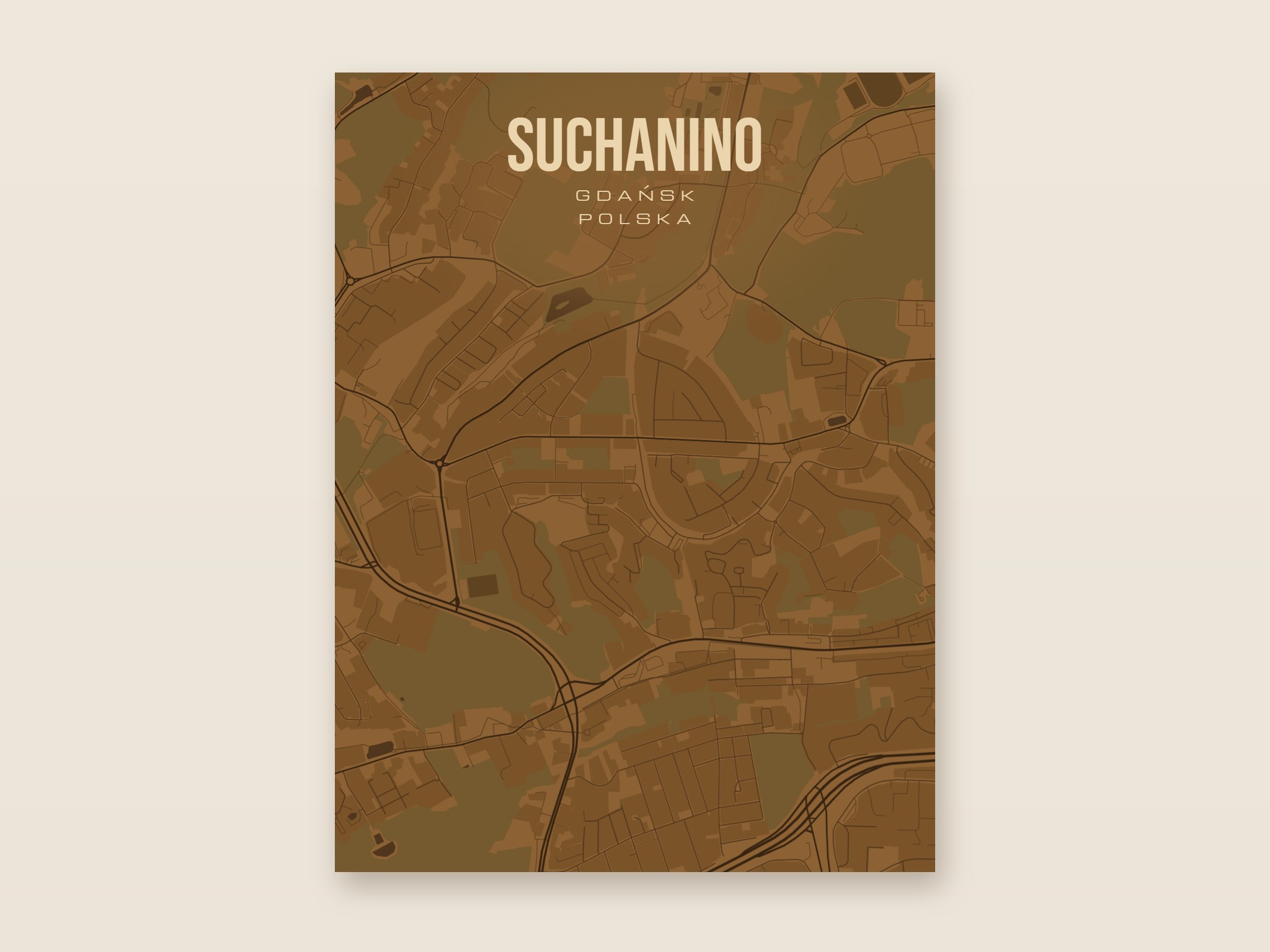 Plakat z mapą - Suchanino (Gdańsk), brązowy styl, bez ramy