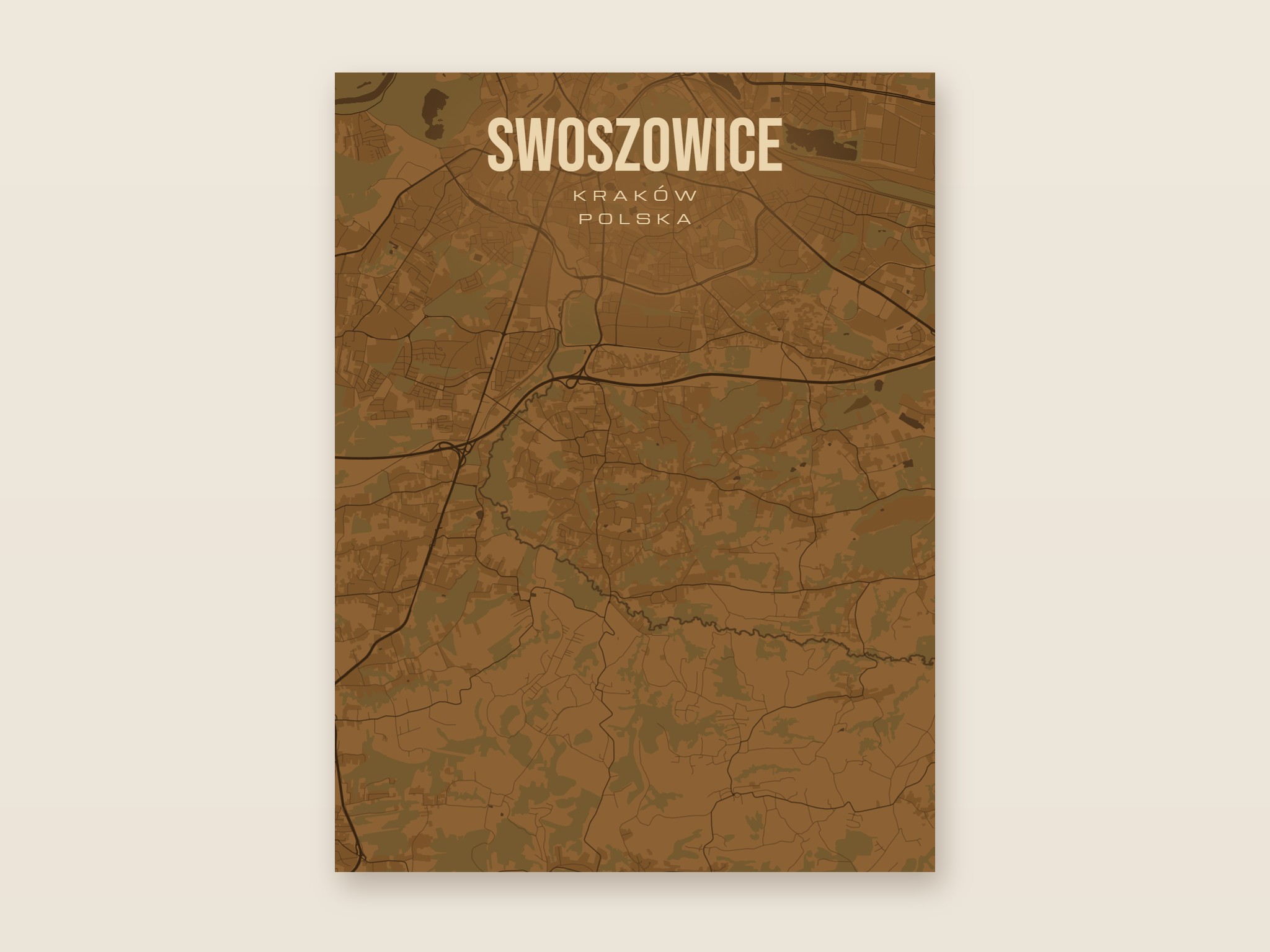 Plakat z mapą - Swoszowice (Kraków), brązowy styl, bez ramy