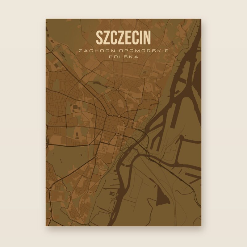 Plakat z mapą - Szczecin, brązowy styl, bez ramy