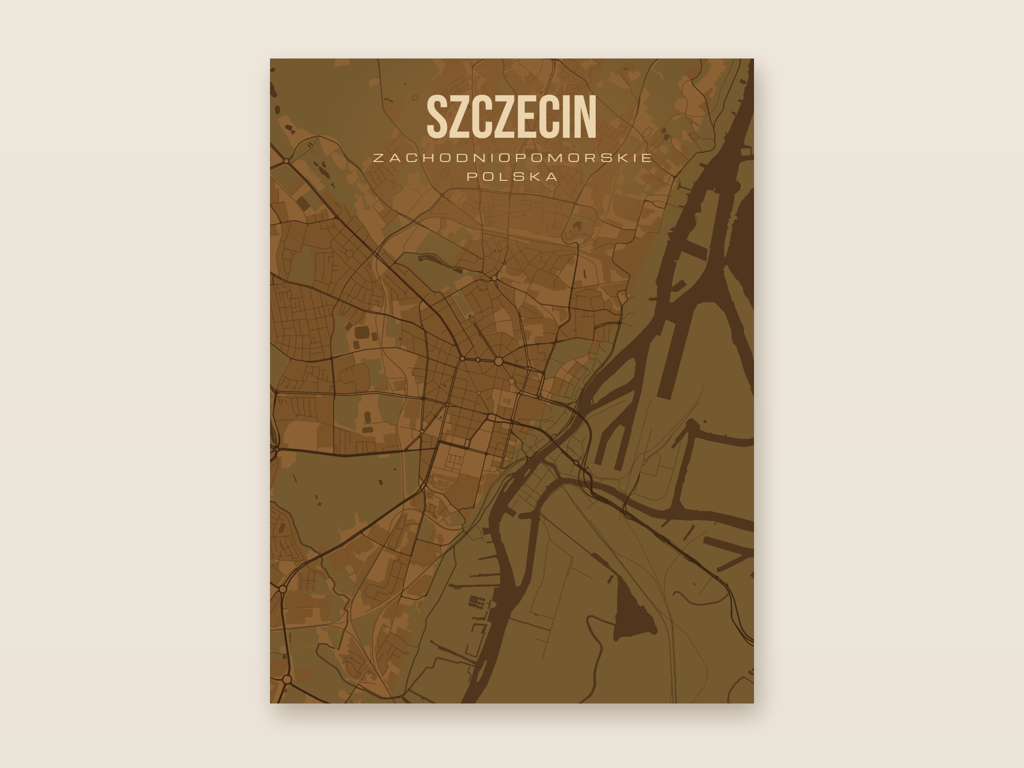 Plakat z mapą - Szczecin, brązowy styl, bez ramy