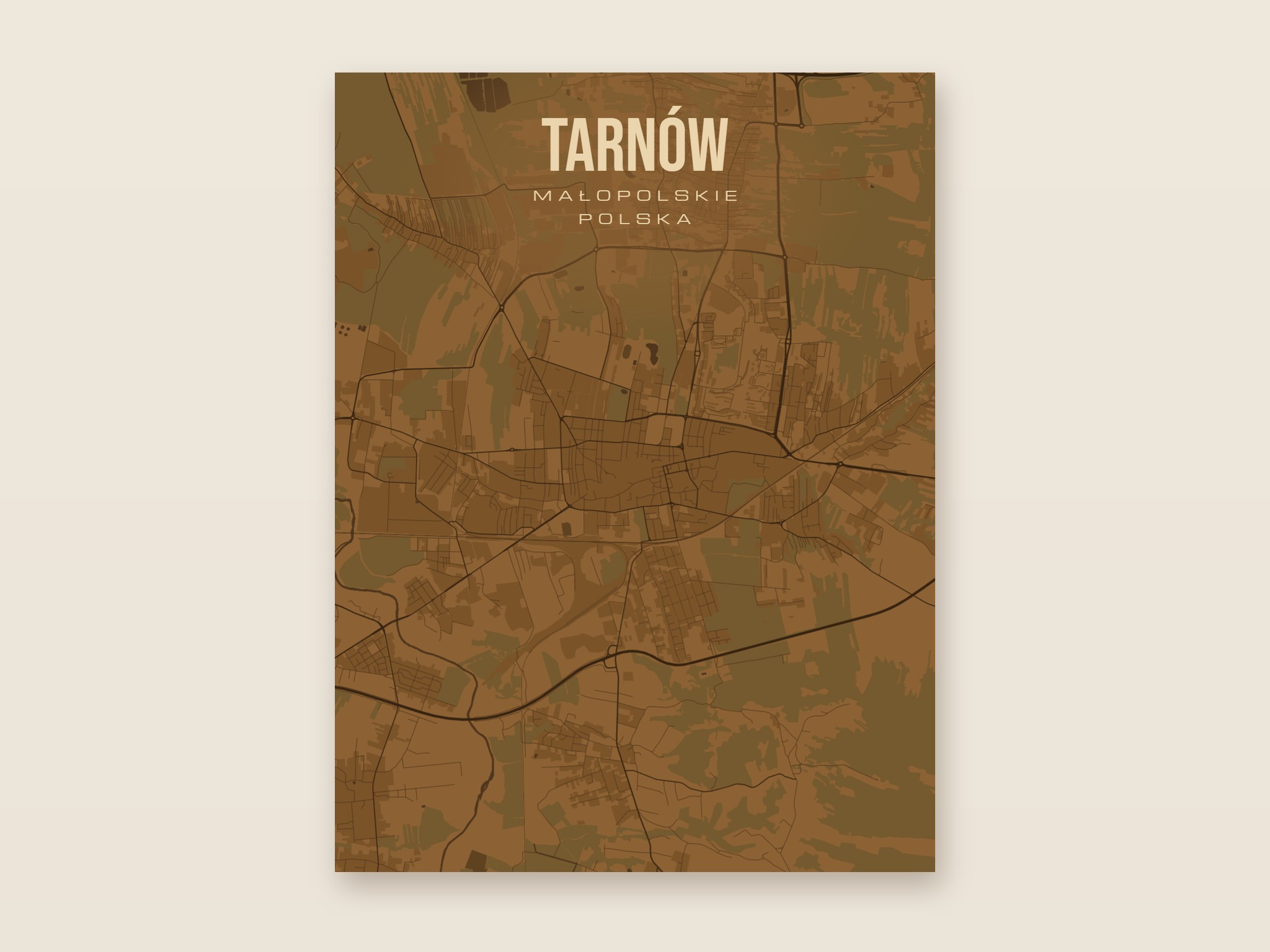 Plakat z mapą - Tarnów, brązowy styl, bez ramy