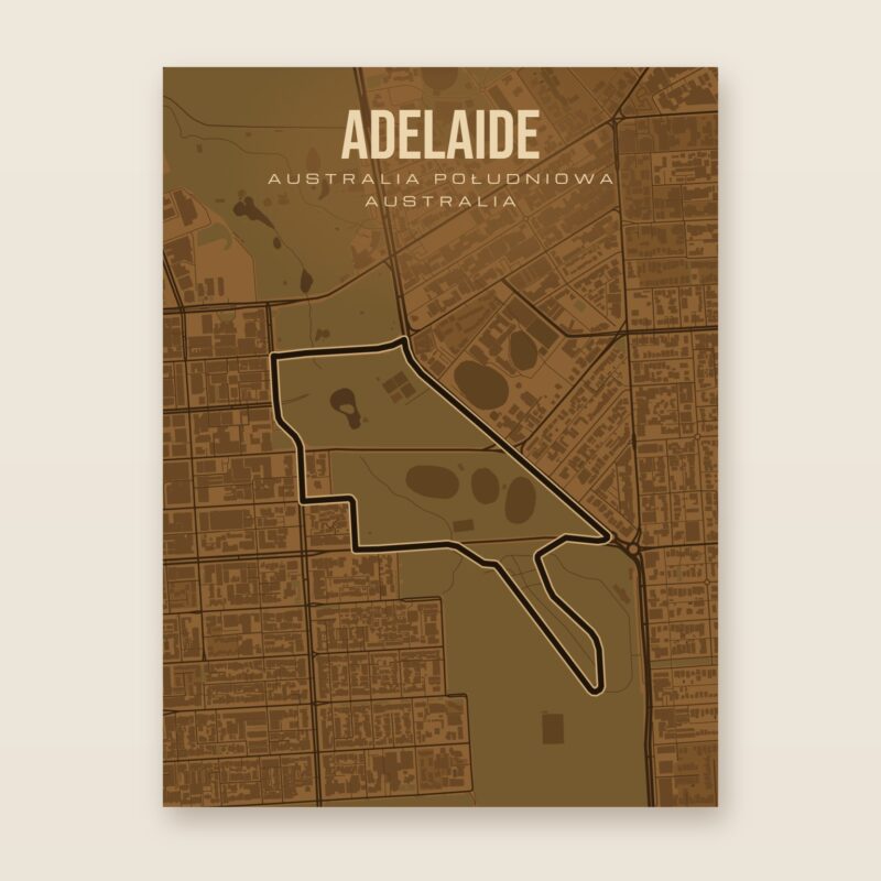 Plakat z mapą - Adelaide - plakat z mapą toru, brązowy styl, bez ramy
