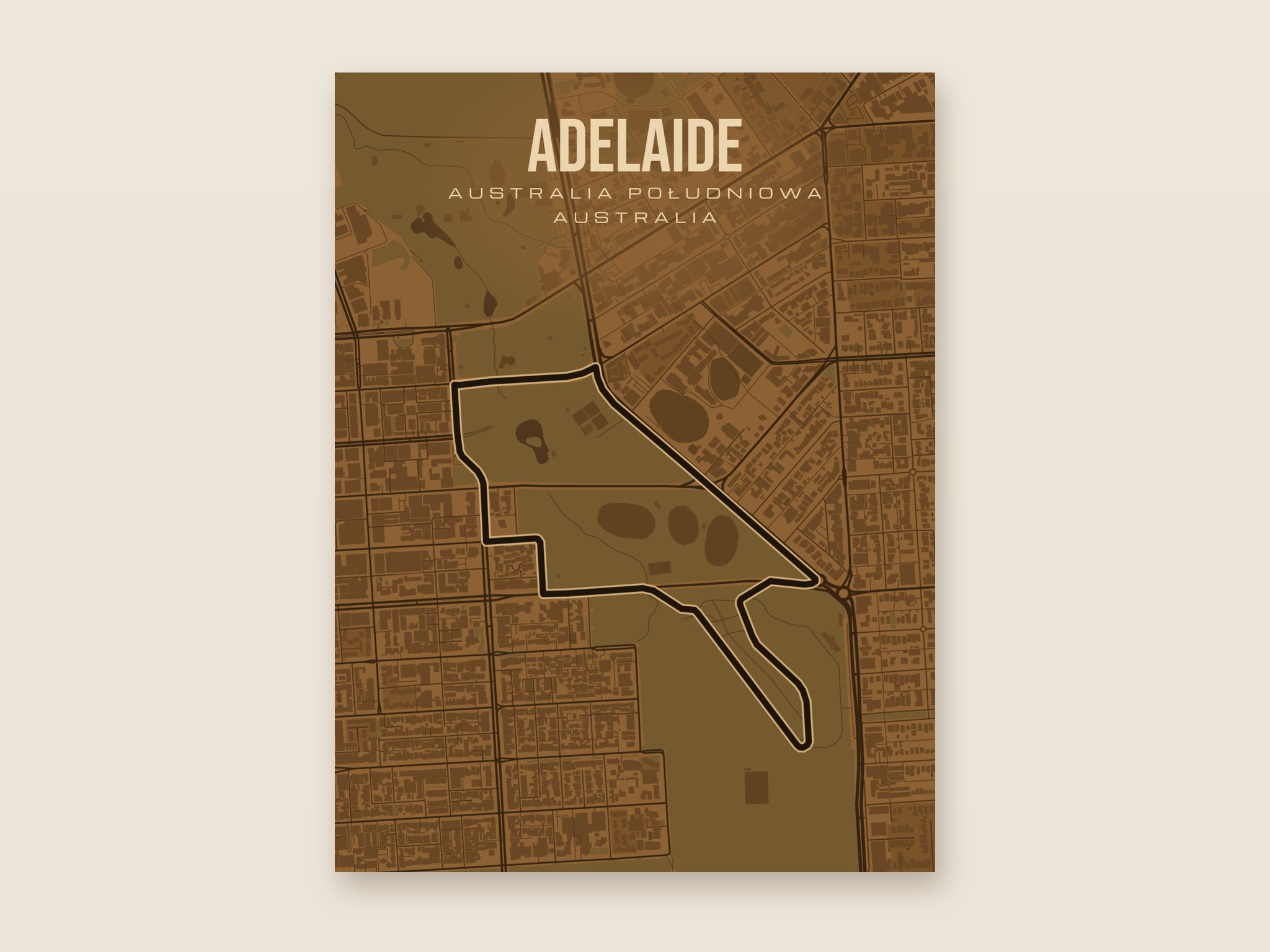 Plakat z mapą - Adelaide - plakat z mapą toru, brązowy styl, bez ramy