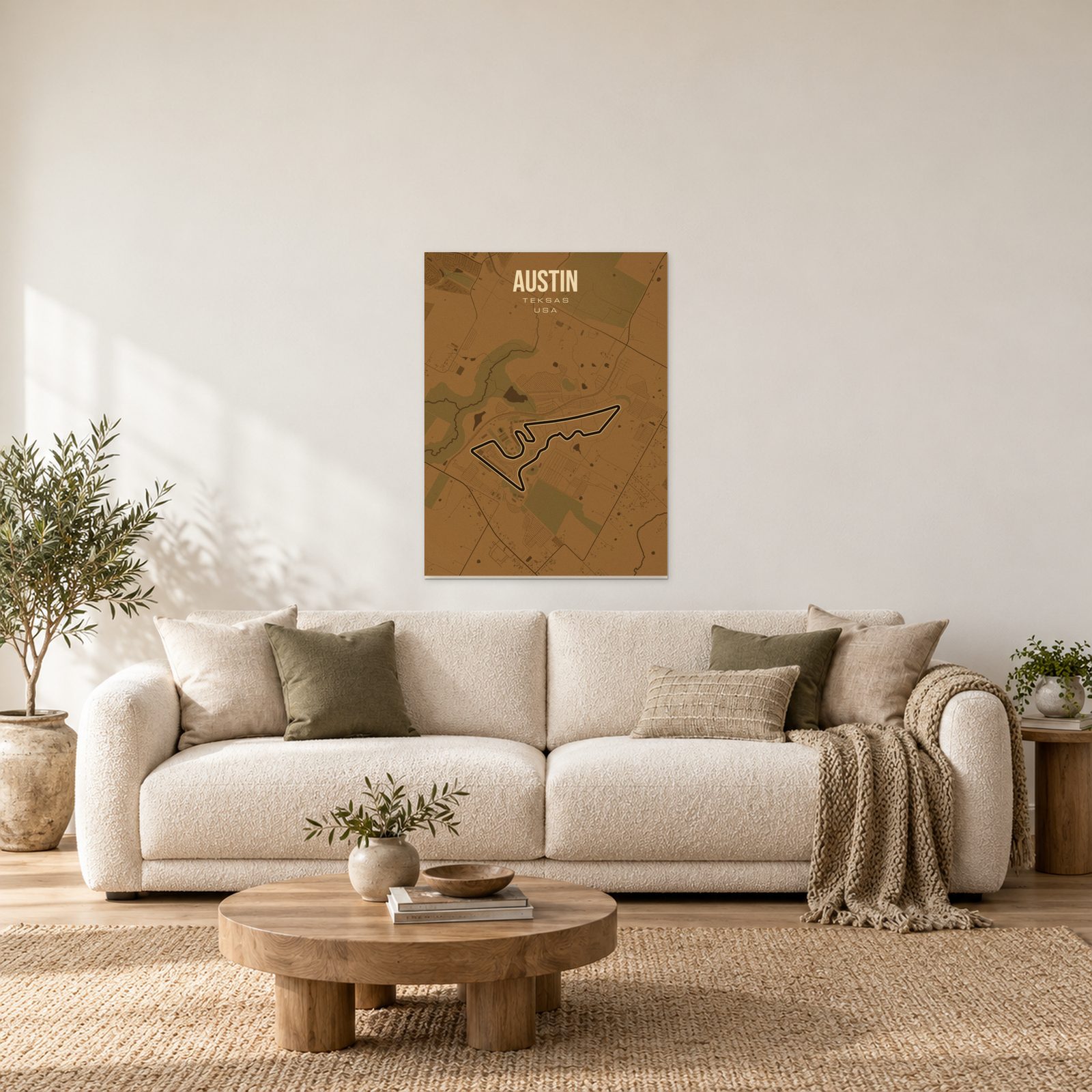 Austin - plakat nad sofą w salonie