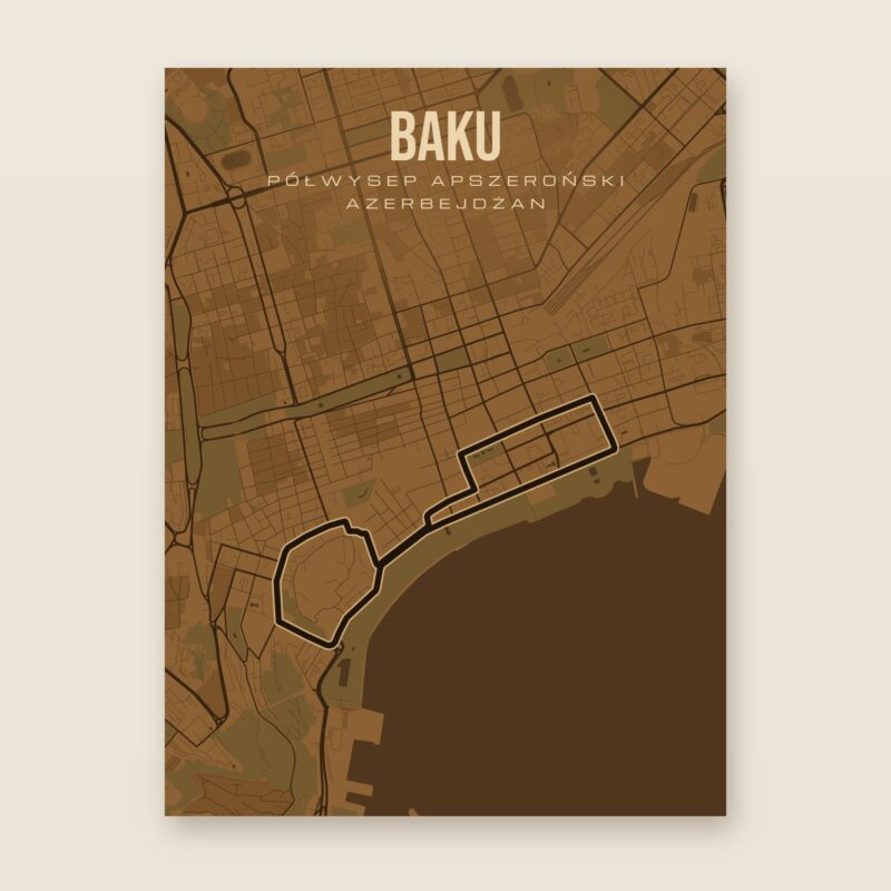 Plakat z mapą - Baku - plakat z mapą toru, brązowy styl, bez ramy