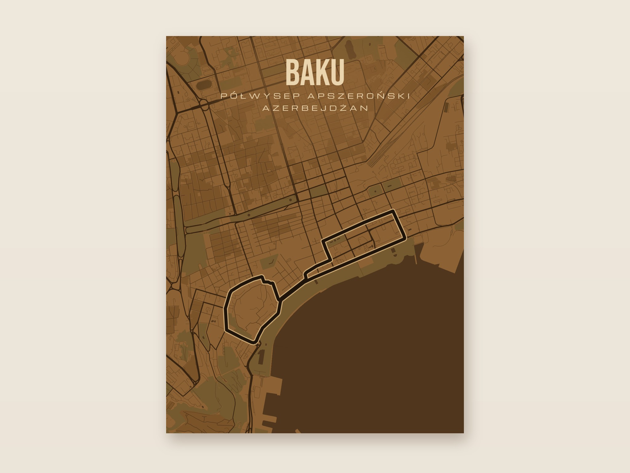 Plakat z mapą - Baku - plakat z mapą toru, brązowy styl, bez ramy