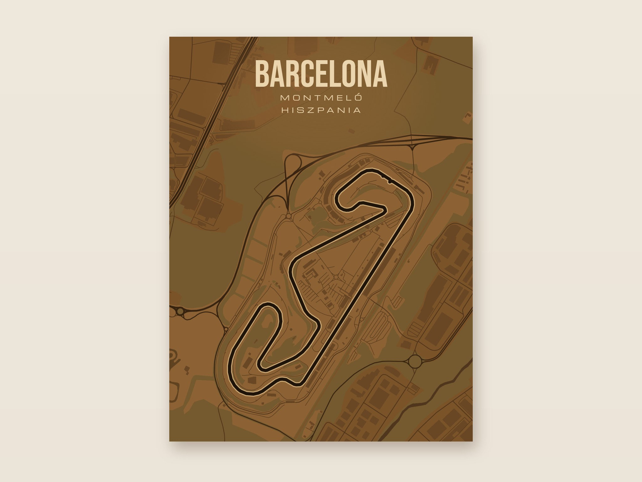 Plakat z mapą - Barcelona - plakat z mapą toru, brązowy styl, bez ramy