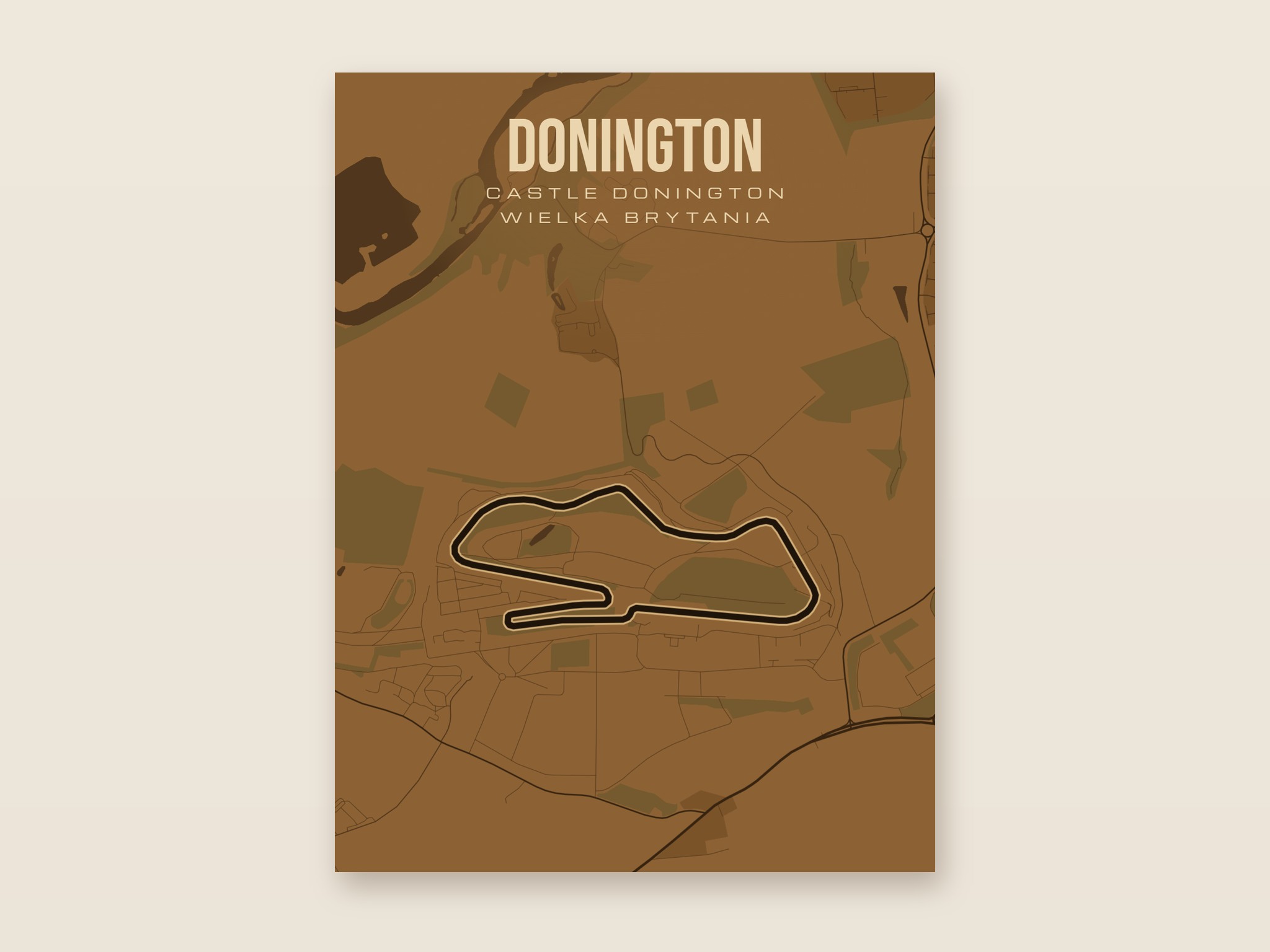 Plakat z mapą - Donington - plakat z mapą toru, brązowy styl, bez ramy
