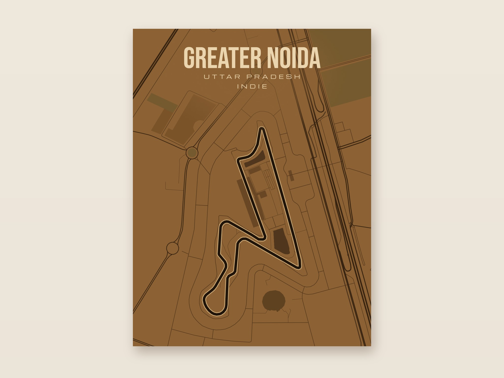 Plakat z mapą - Greater Noida - plakat z mapą toru, brązowy styl, bez ramy