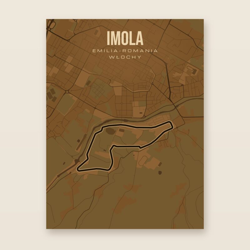 Plakat z mapą - Imola - plakat z mapą toru, brązowy styl, bez ramy