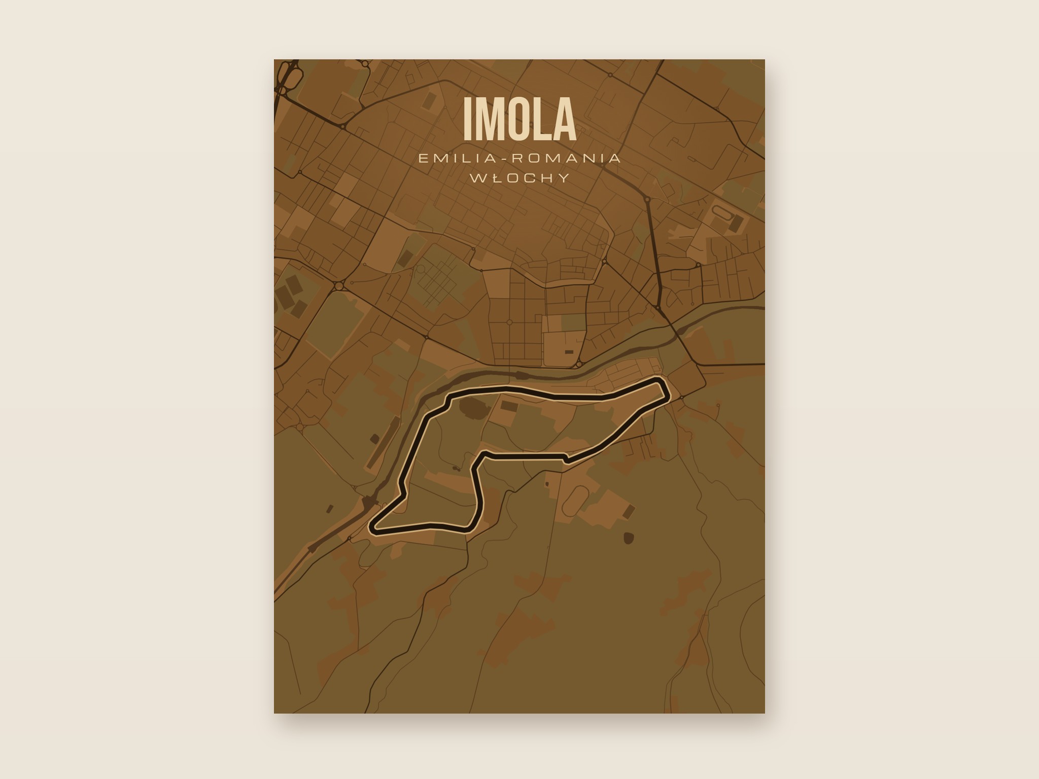Plakat z mapą - Imola - plakat z mapą toru, brązowy styl, bez ramy