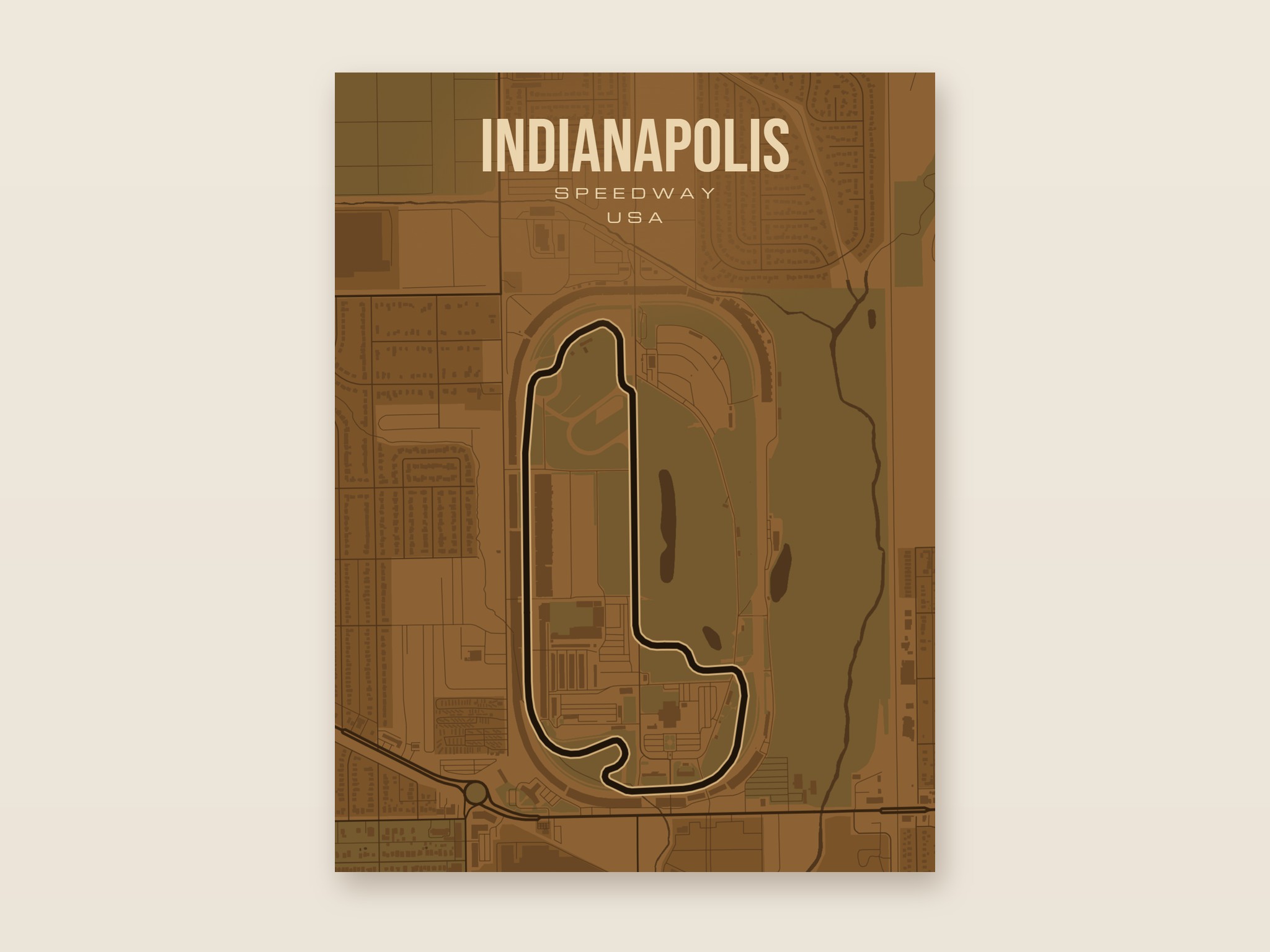 Plakat z mapą - Indianapolis - plakat z mapą toru, brązowy styl, bez ramy