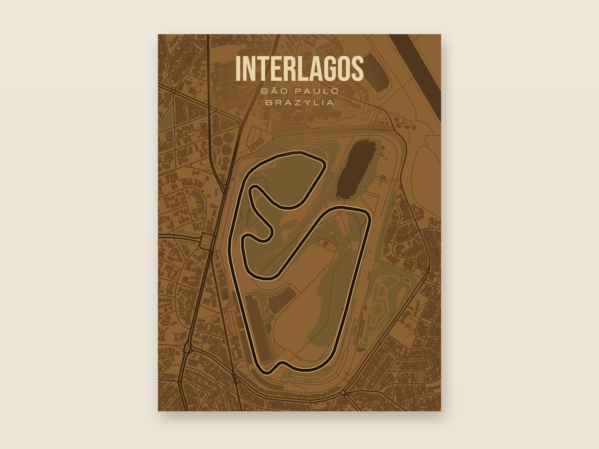 Plakat z mapą - Interlagos - plakat z mapą toru, brązowy styl, bez ramy